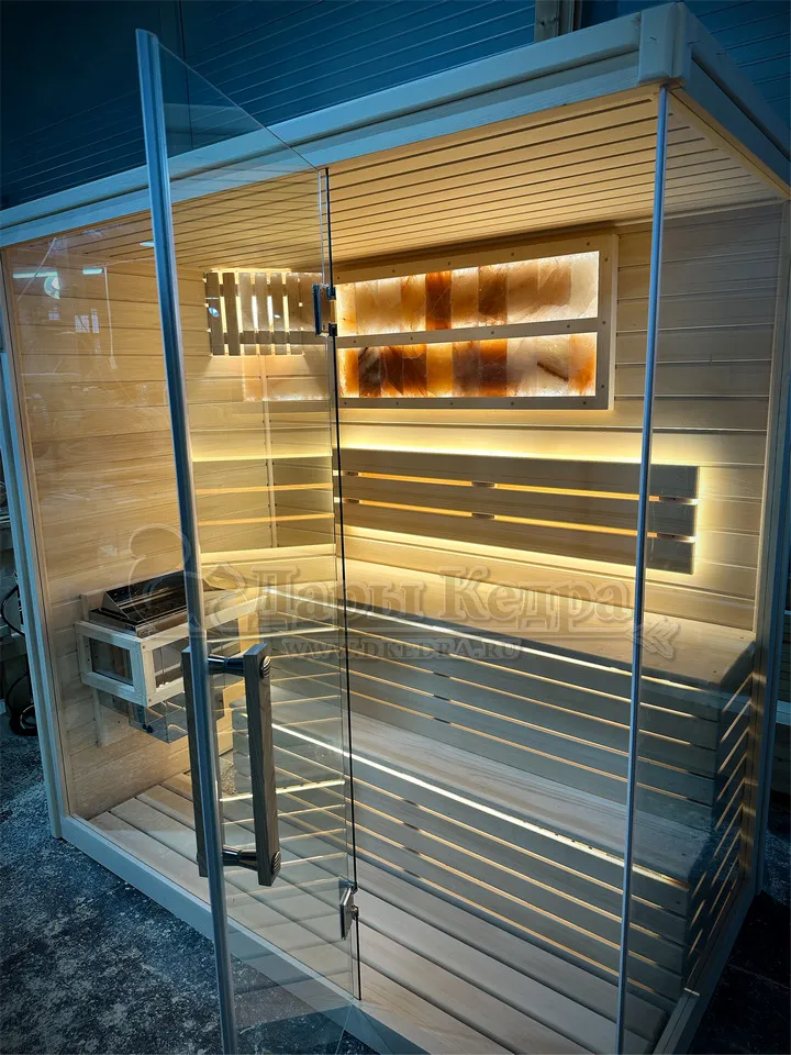 Трехместная прямая финская «Элит» сауна кабина из кедра и липы с электрокаменкой