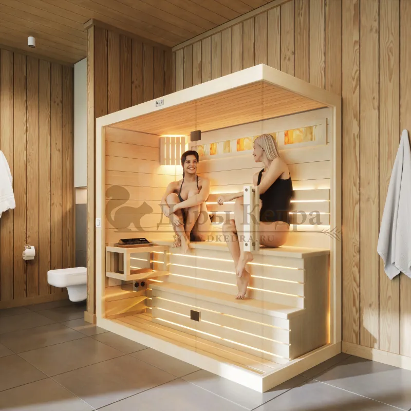 Трехместная прямая финская «Элит» сауна кабина из кедра и липы с электрокаменкой